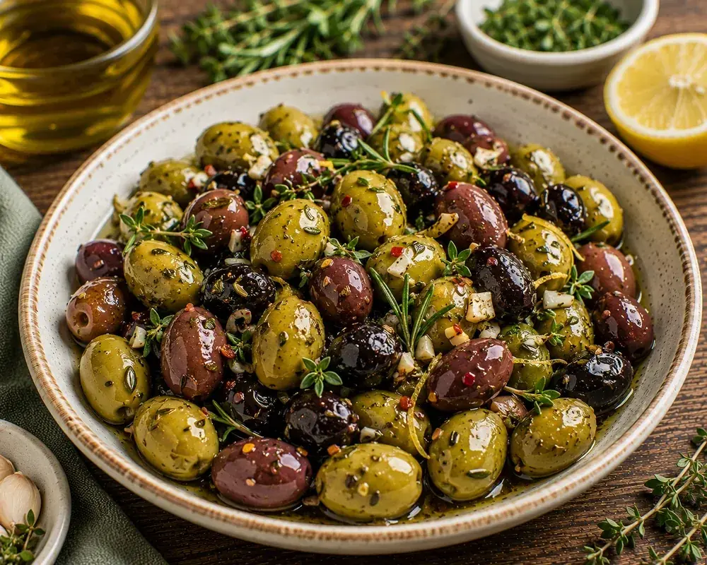 Olives prepared with herbs and olive oil