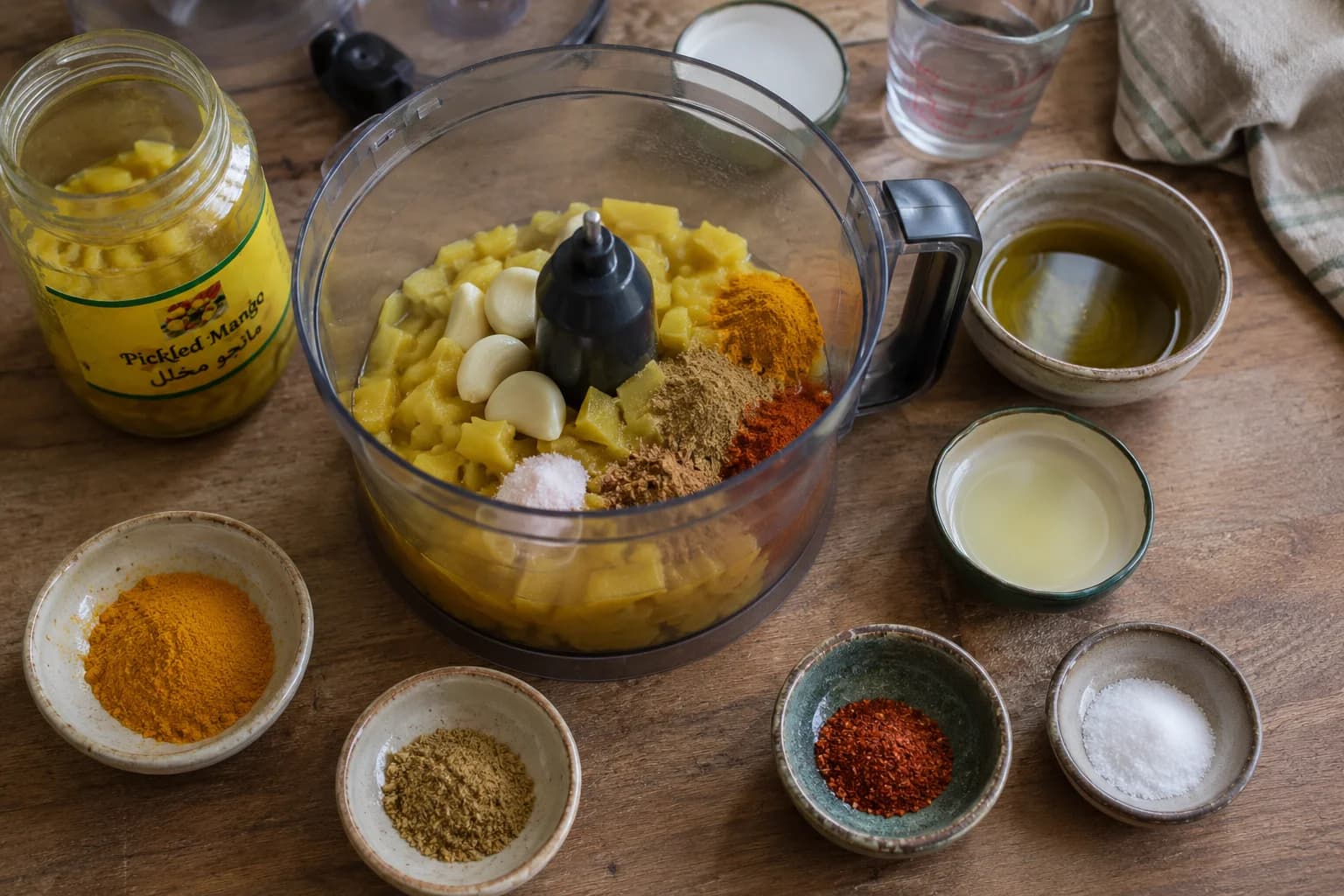 Pickled mango, garlic, lemon, olive oil, turmeric, fenugreek, cumin, and spices ready for blending into amba.