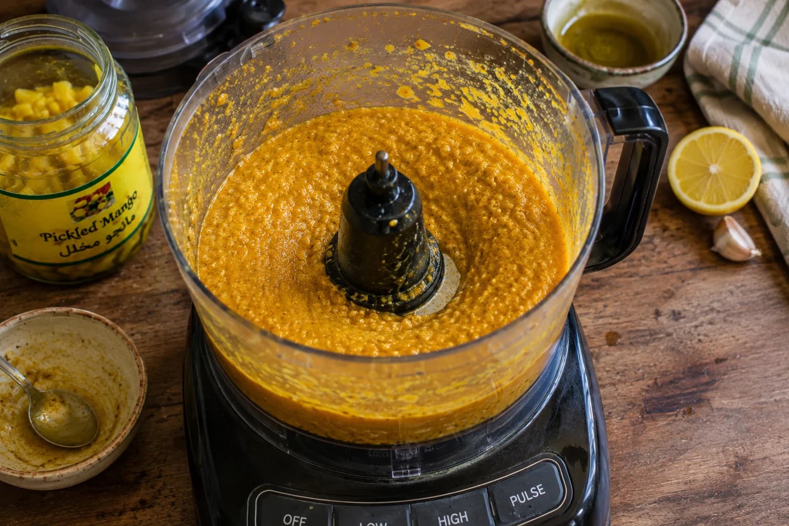 Food processor blending pickled mango and Middle Eastern spices into golden amba sauce.