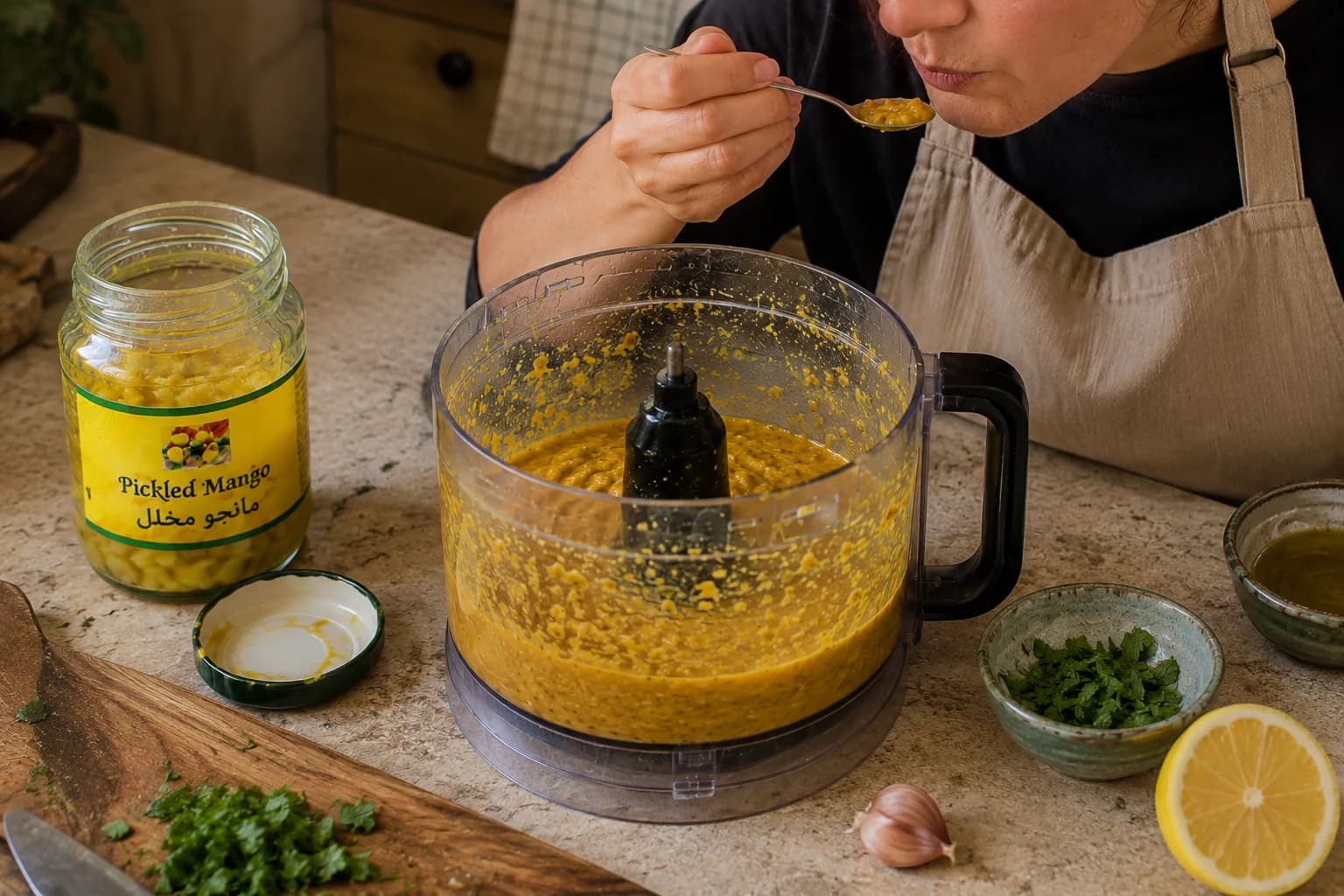 Golden amba sauce being tasted and adjusted for acidity, heat, seasoning, and consistency.