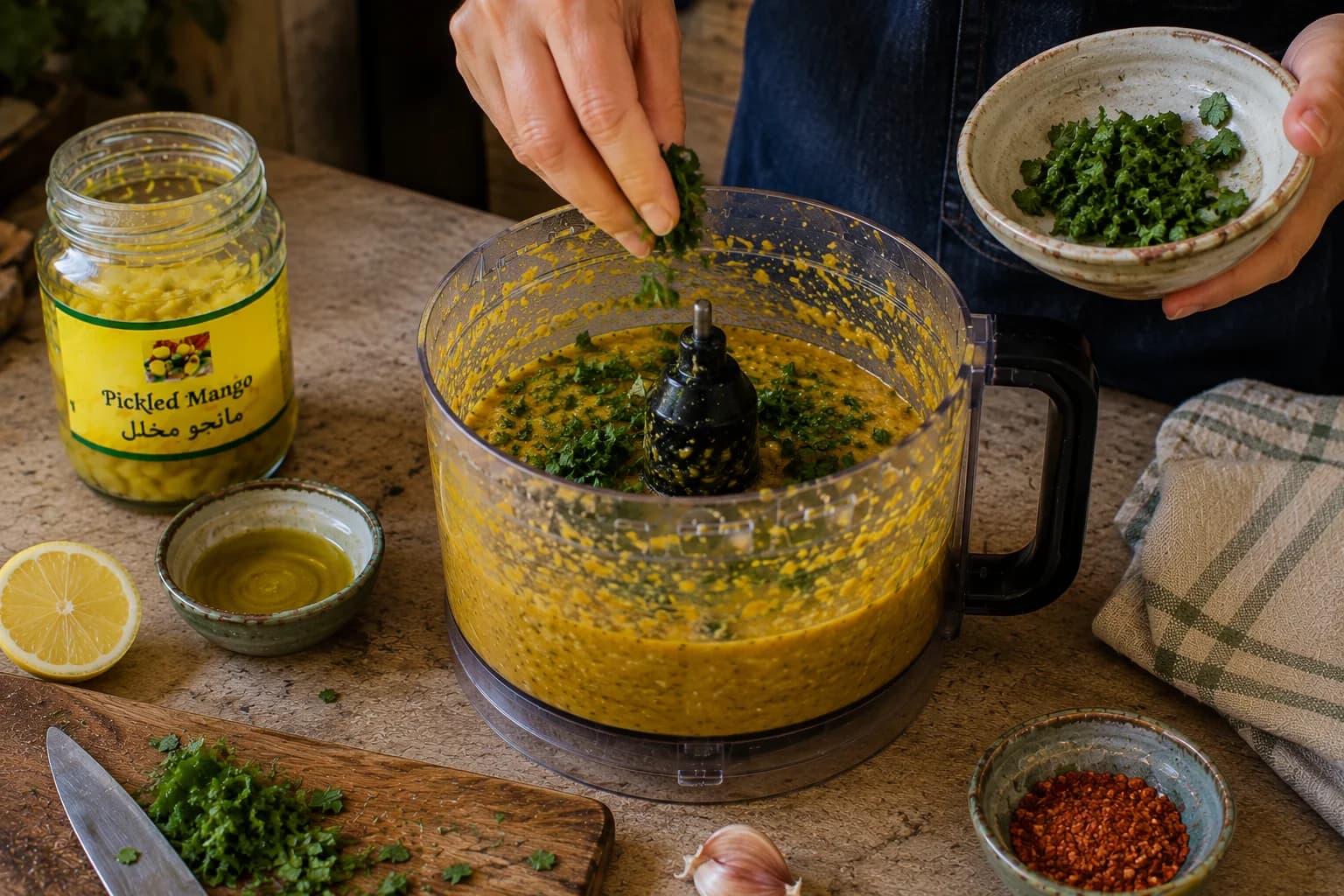 Fresh chopped cilantro being stirred into golden Iraqi amba sauce.