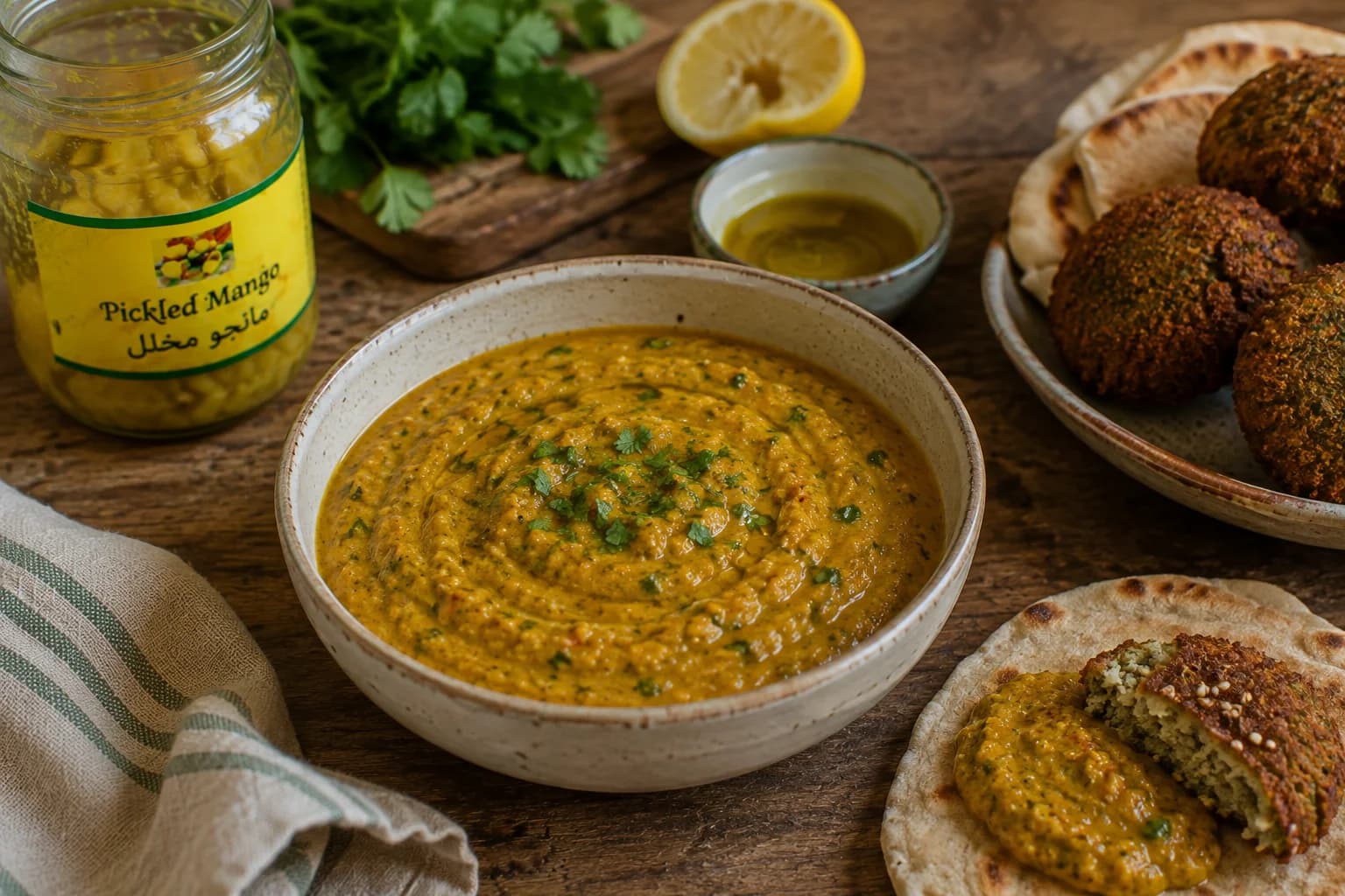 Finished golden amba sauce in a small serving bowl ready to accompany shawarma, falafel, or grilled foods.