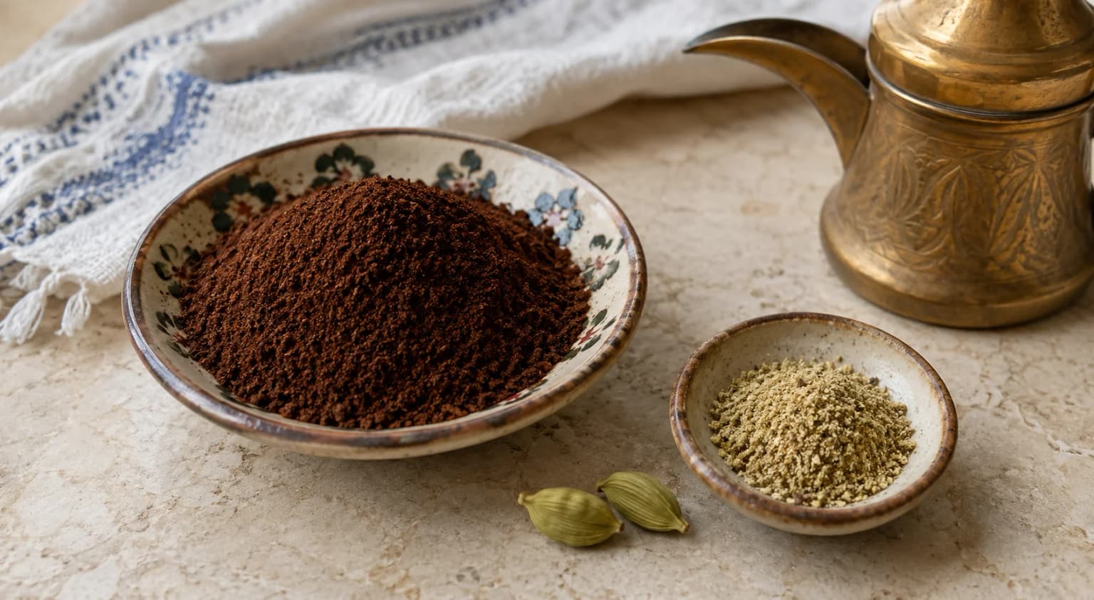 Finely ground Arabic coffee and ground cardamom prepared for traditional Arabic coffee.
