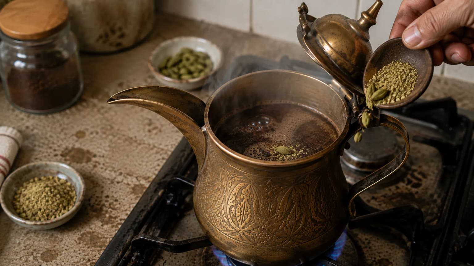 Arabic coffee gently simmering with fragrant cardamom in a traditional coffee pot.