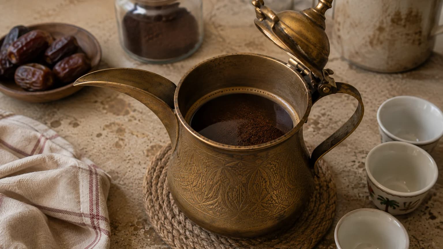 Freshly brewed Arabic coffee resting in a traditional coffee pot while the grounds settle.