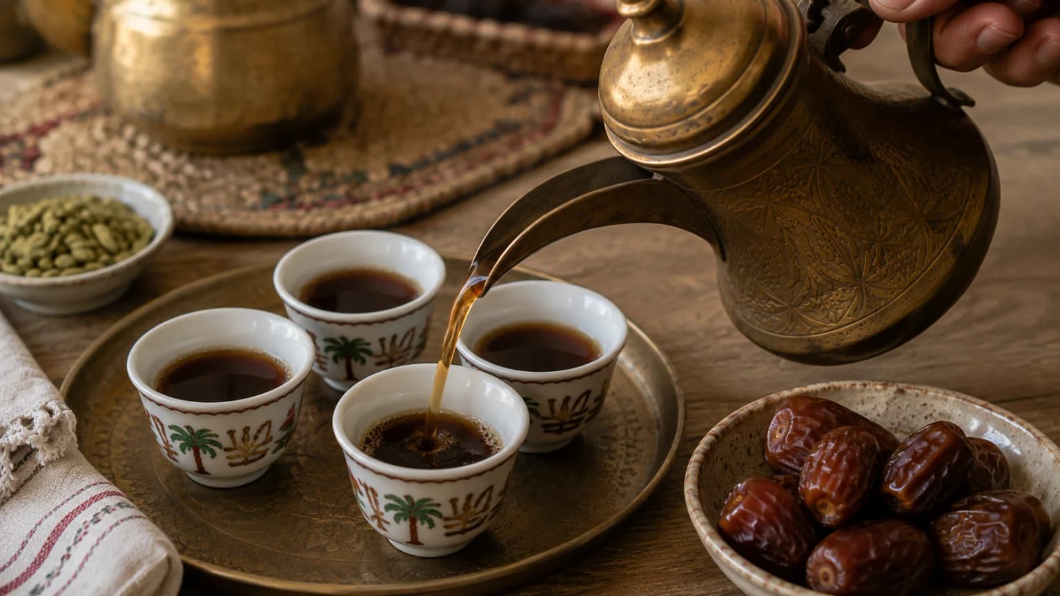Traditional Arabic coffee being poured into small finjan cups and served with dates.