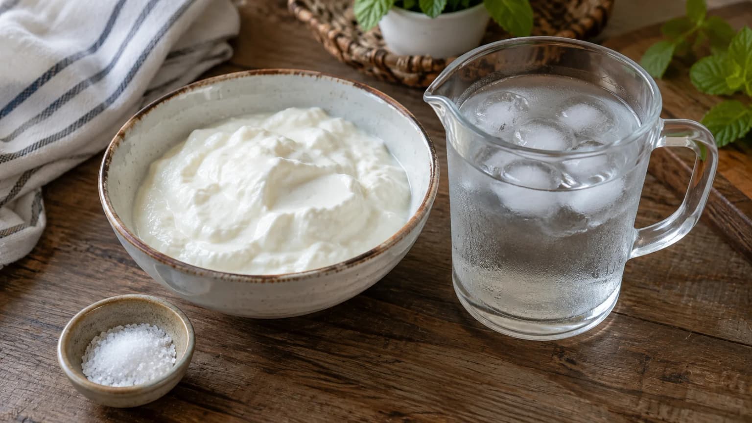 Plain yogurt, ice-cold water, and sea salt prepared for traditional Ayran.
