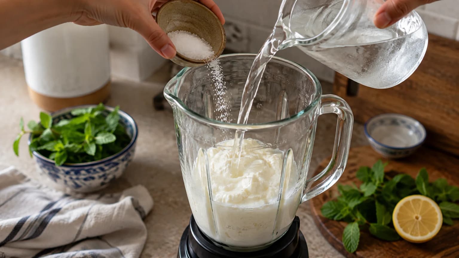 Plain yogurt, cold water, and salt being combined in a blender for Ayran.
