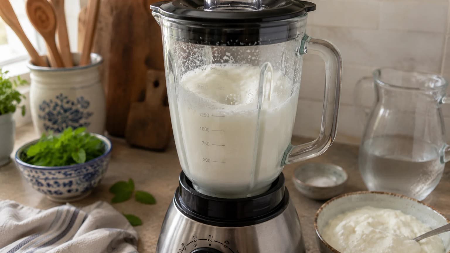 Ayran ingredients being blended into a smooth frothy yogurt drink.