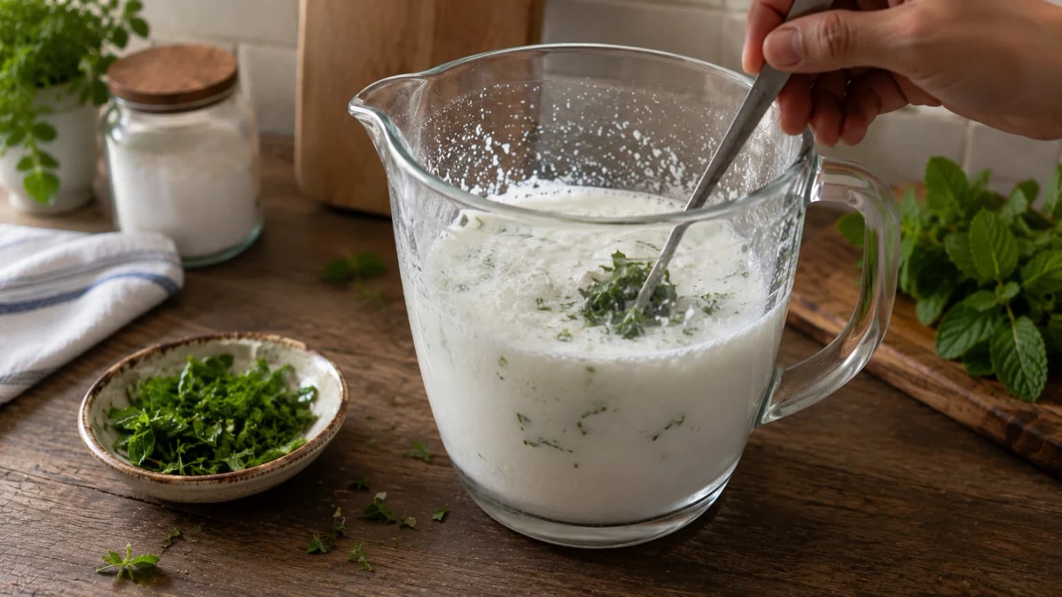 Fresh chopped mint being stirred into a creamy homemade Ayran drink.