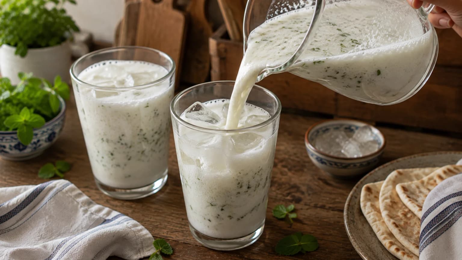 Cold homemade Ayran being poured into a glass over ice.