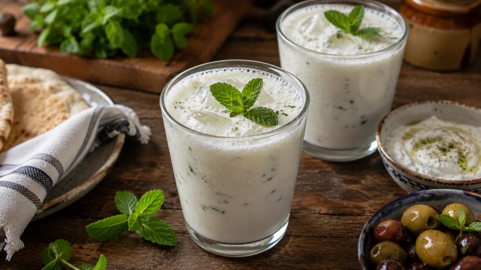 Chilled Lebanese-style Ayran served in a glass with fresh mint and ice.
