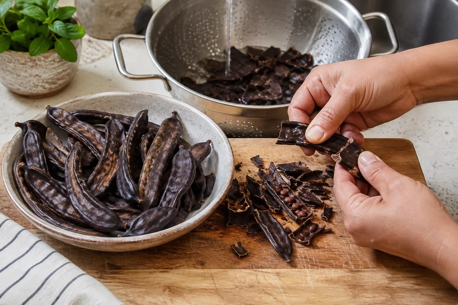 Roasted carob pods rinsed and broken into pieces for traditional Egyptian carob juice.