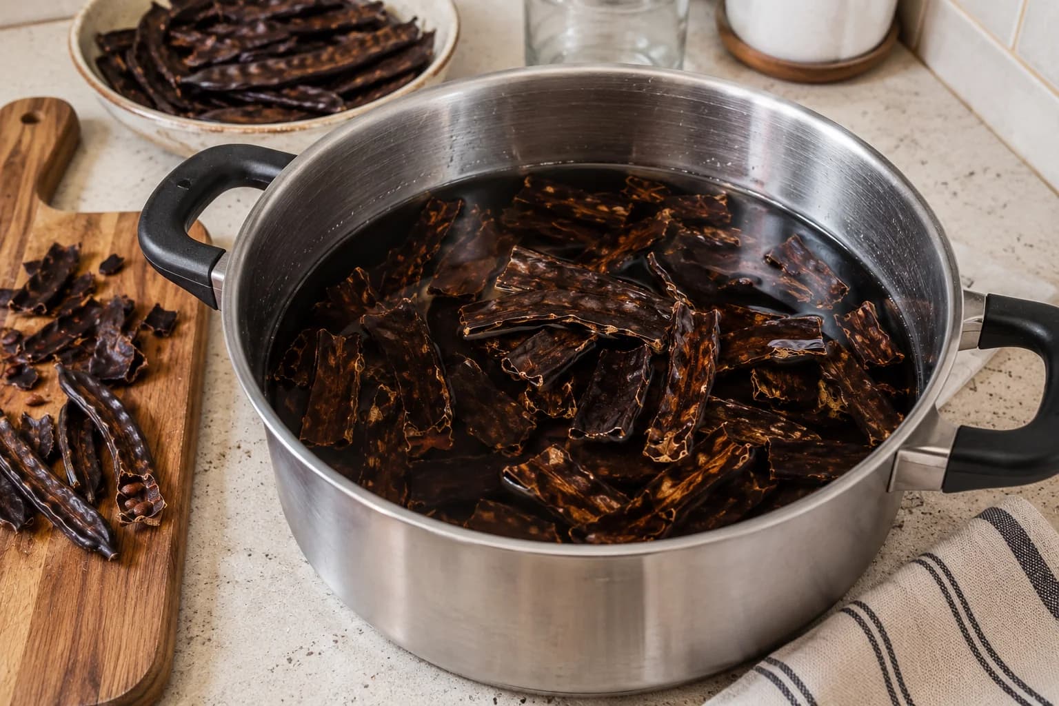 Roasted carob pieces and water combined in a saucepan for Egyptian Kharoub.
