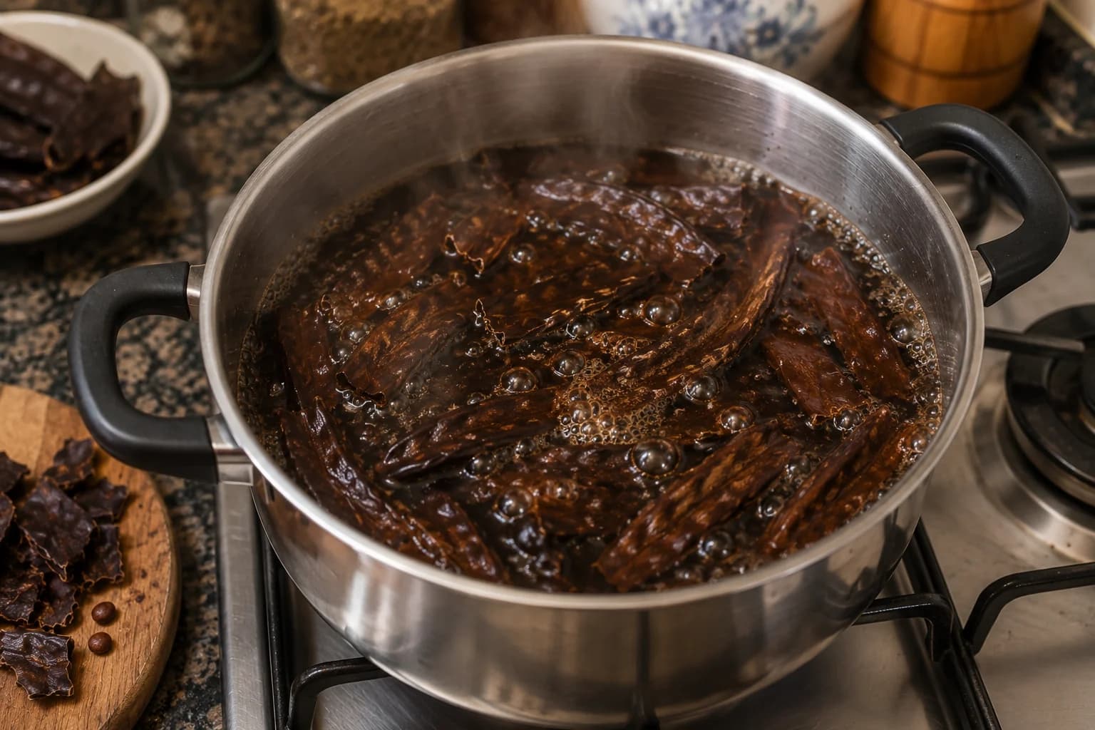 Roasted carob pods gently simmering in water to make traditional Egyptian carob juice.