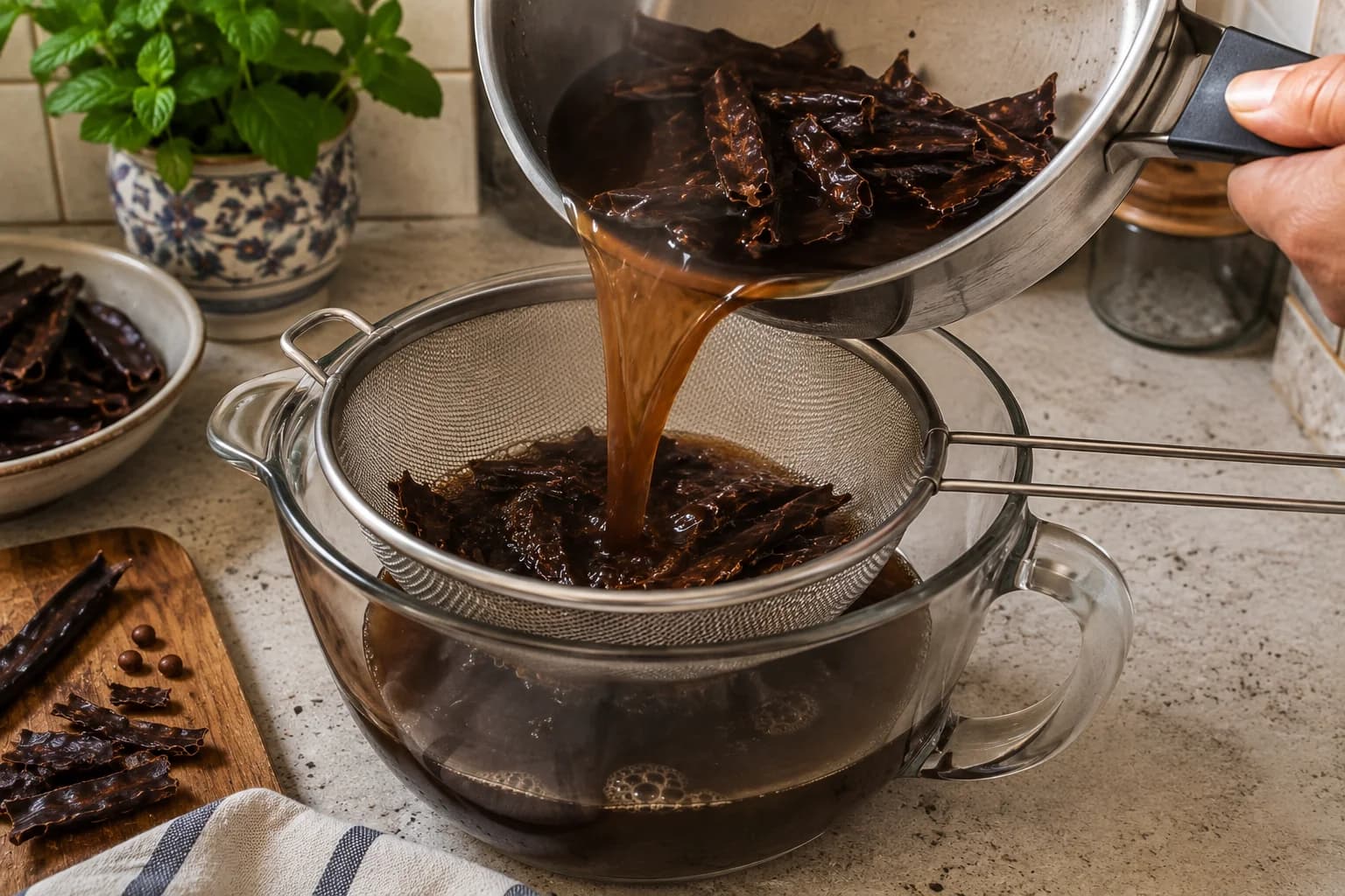 Traditional carob juice being strained through a fine-mesh sieve after simmering.