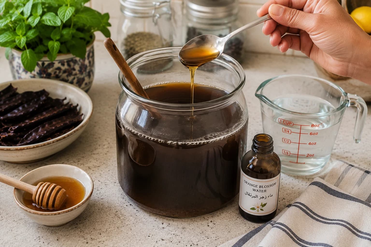 Strained Egyptian carob juice being adjusted with optional honey before chilling.