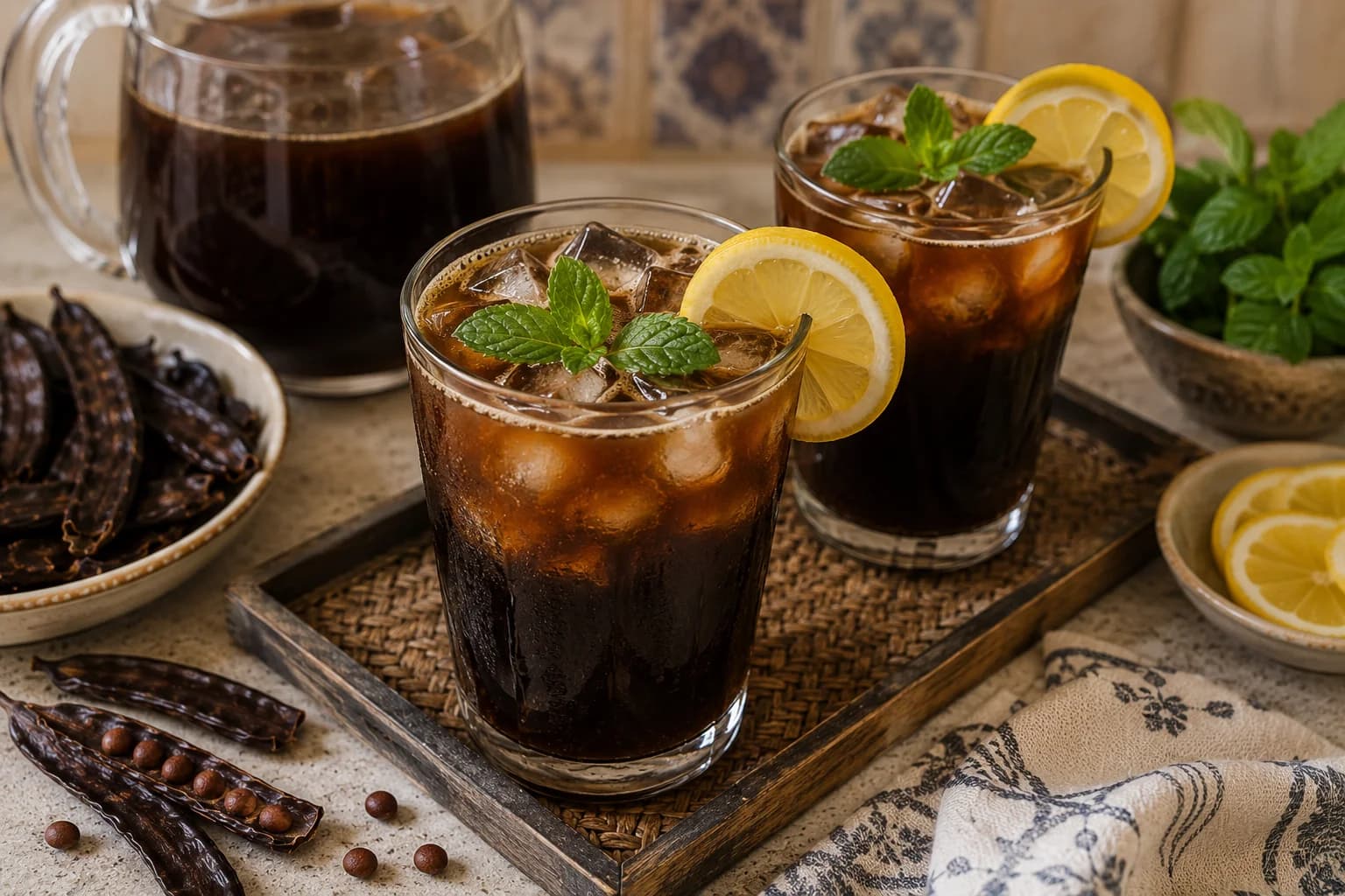 Chilled Egyptian Kharoub carob juice served over ice with fresh mint and lemon.