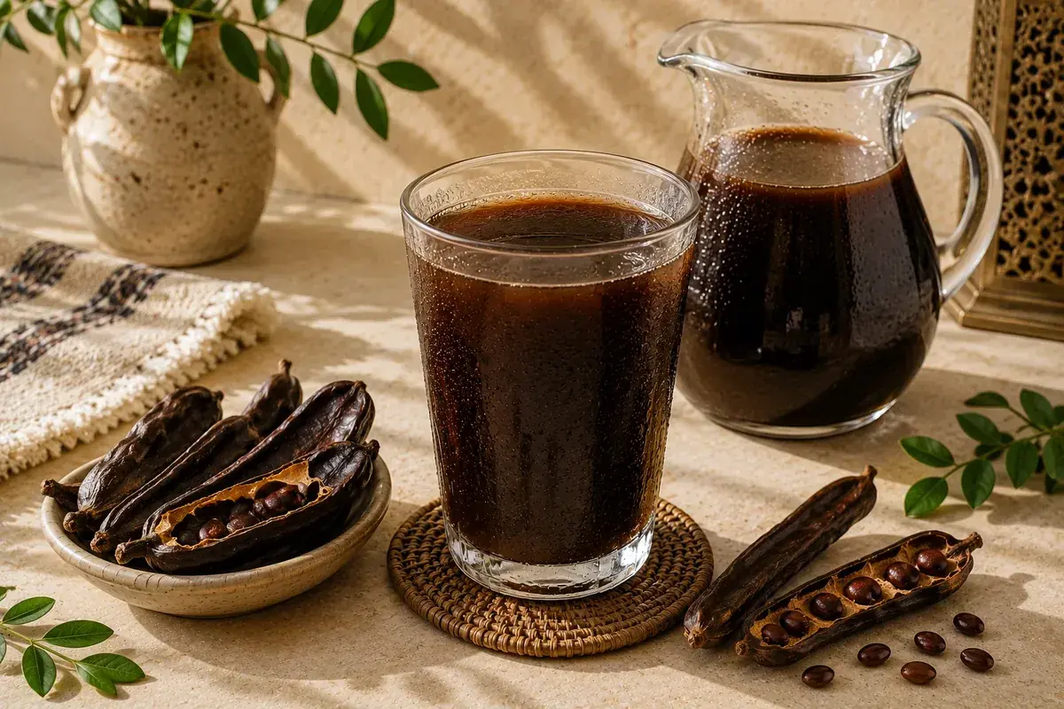 Traditional Egyptian carob juice served chilled over ice with roasted carob pods, fresh mint, and lemon.