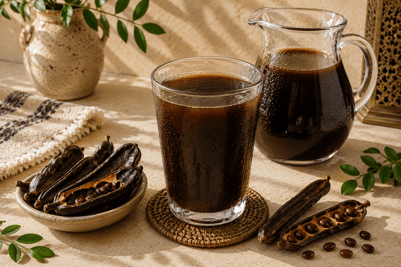 A chilled glass of traditional carob juice with ice, roasted carob pods, fresh mint, and lemon slices.
