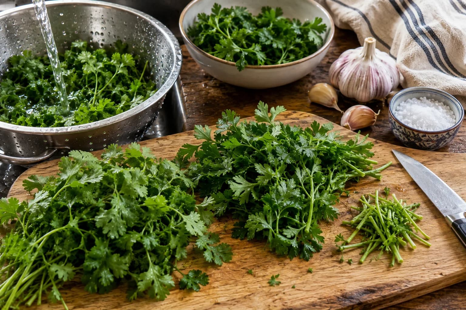 Fresh cilantro and parsley being washed, dried, and prepared for Chermoula sauce.
