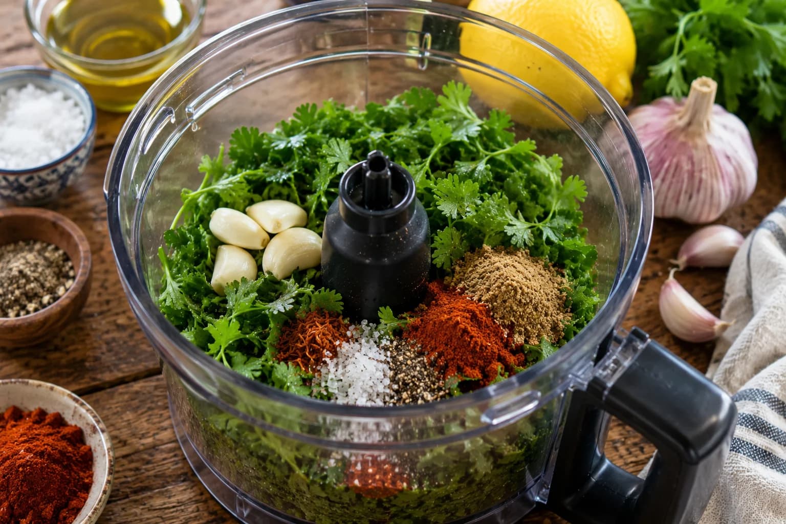 Fresh herbs, garlic, and warm spices gathered in a food processor for Chermoula.