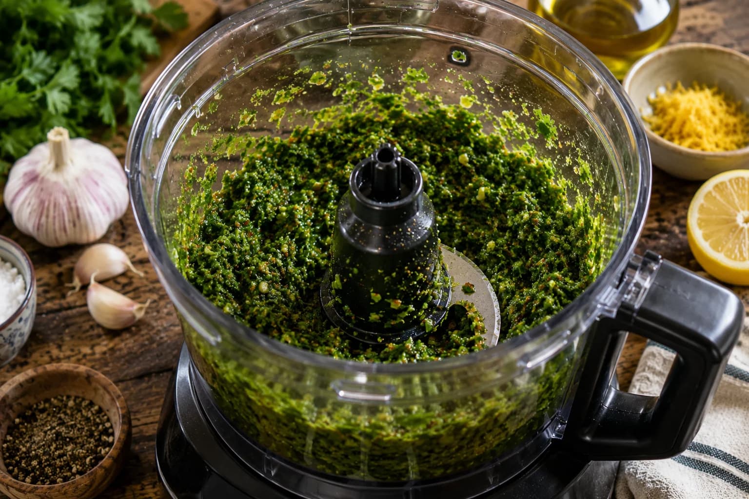 Cilantro, parsley, garlic, and spices being pulsed into a coarse Chermoula mixture.