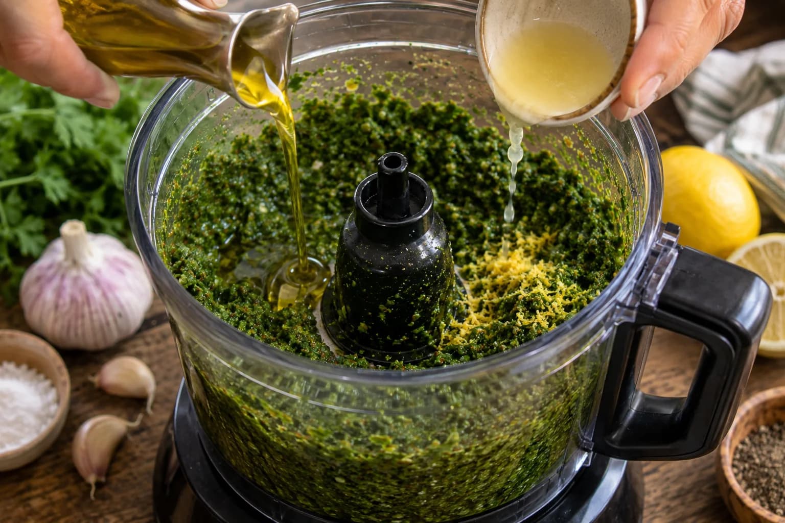 Extra virgin olive oil and fresh lemon being added to the chopped Chermoula herbs.