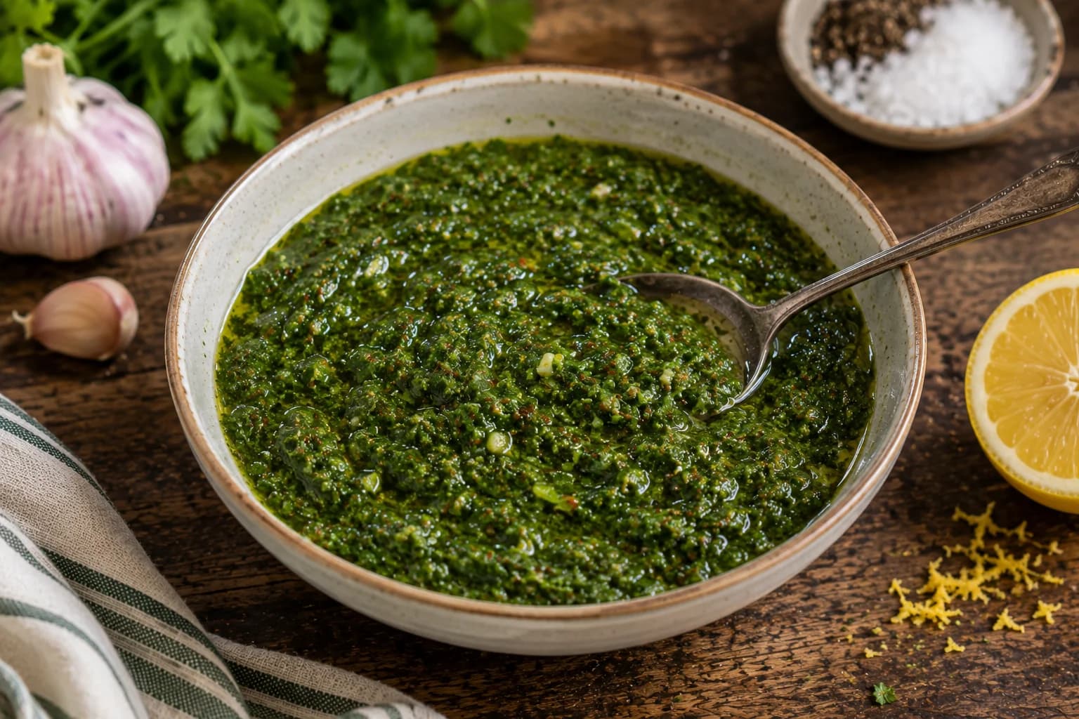 Fresh Chermoula sauce resting in a bowl while the herbs, lemon, garlic, and spices come together.