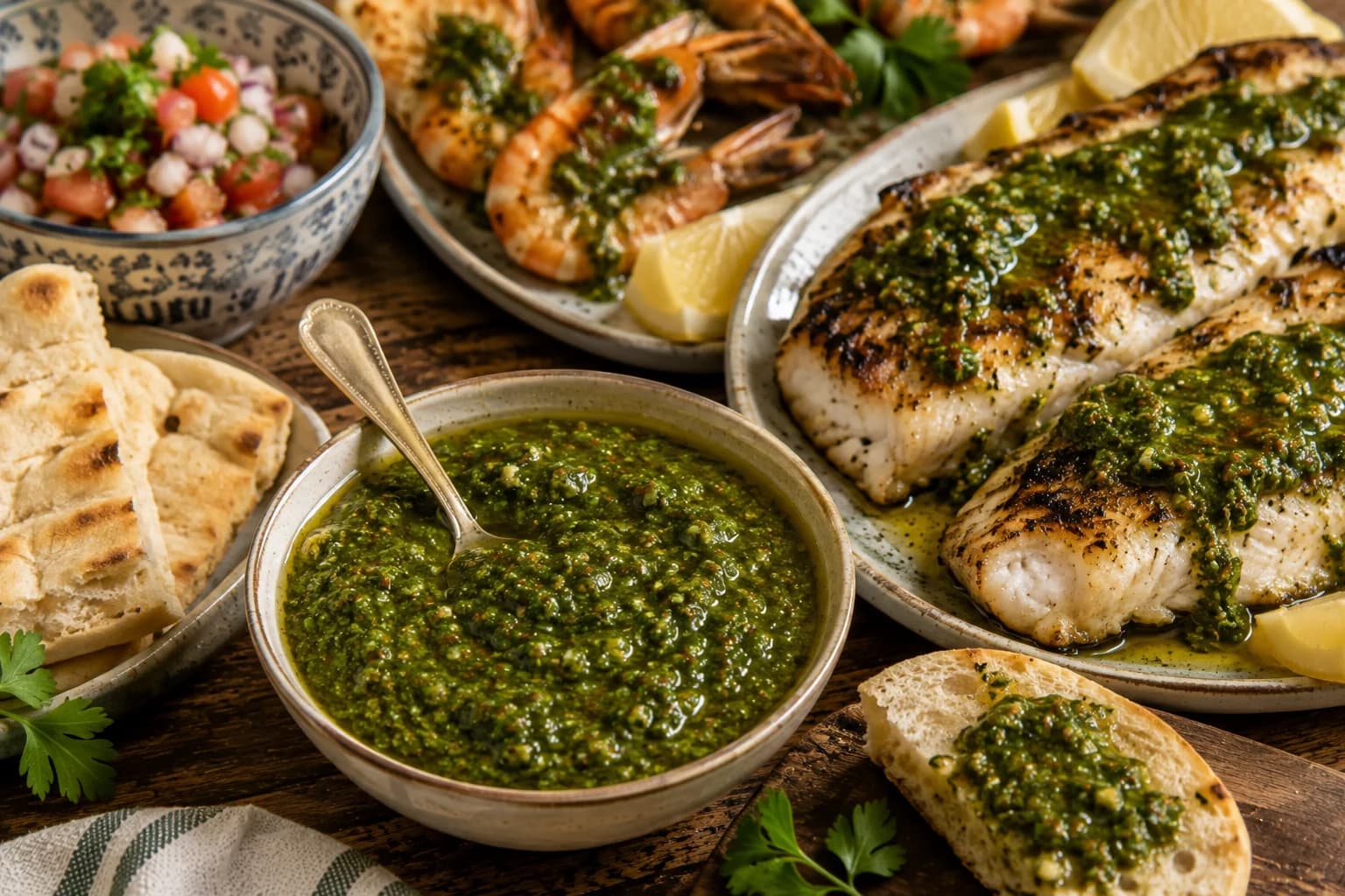 Finished Moroccan Chermoula sauce served alongside grilled food and fresh bread.