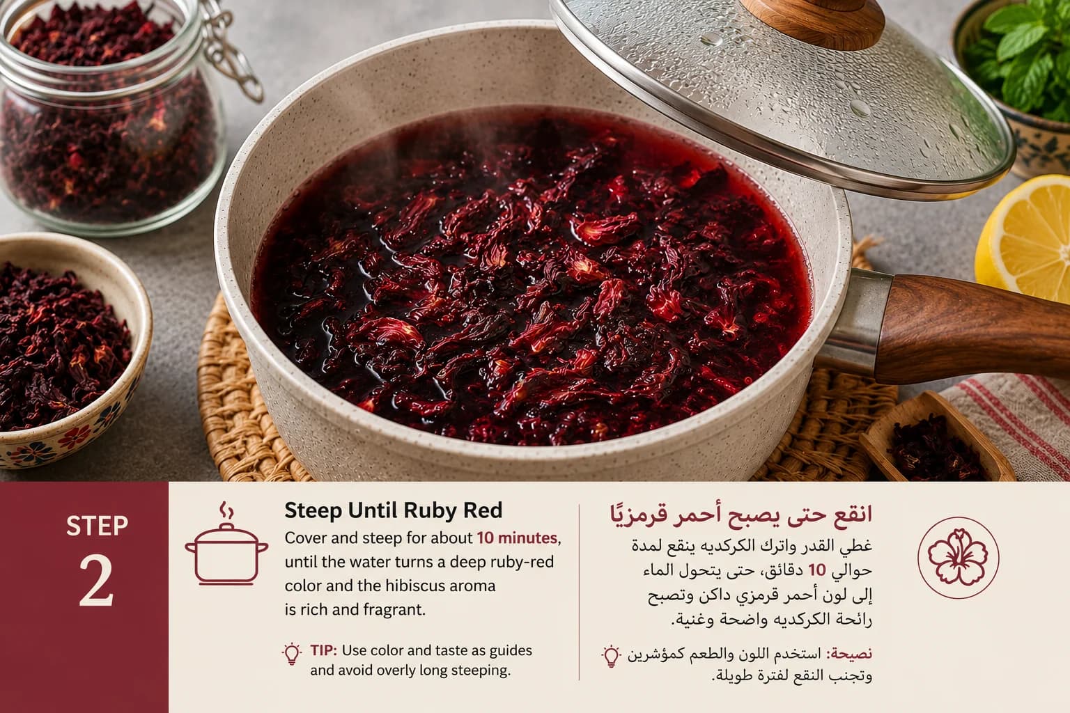 Hibiscus flowers steeping in hot water and turning the liquid a deep ruby red.