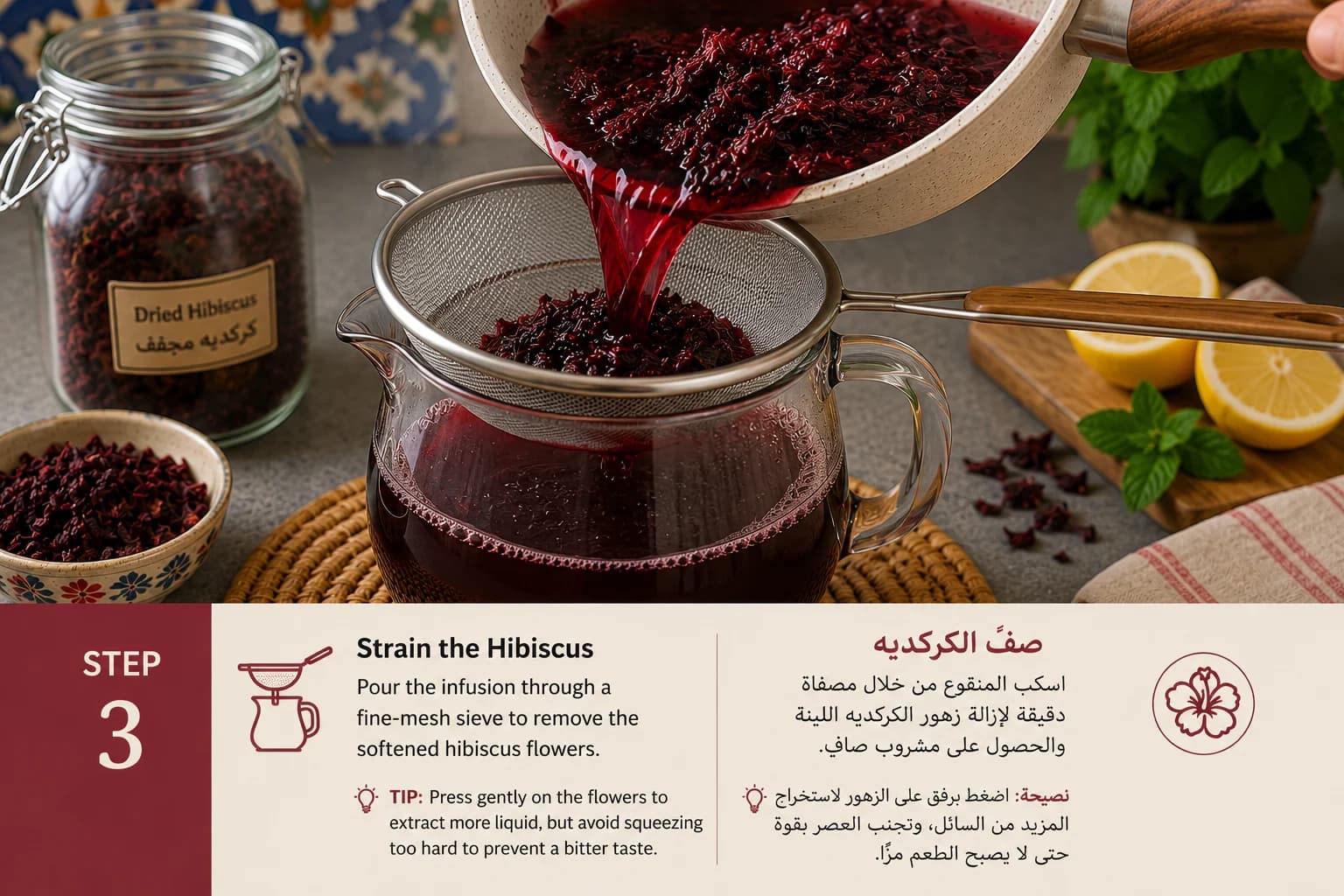 Deep ruby-red Karkade being strained through a fine-mesh sieve into a pitcher.