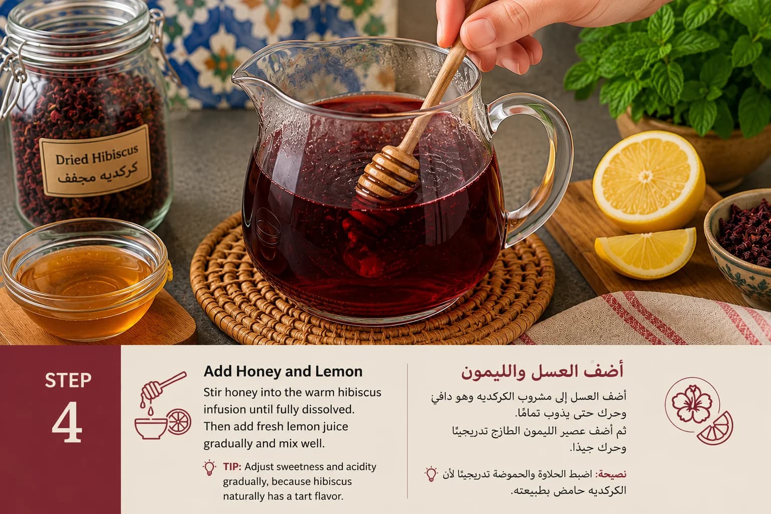 Honey being stirred into warm ruby-red Karkade with fresh lemon nearby.