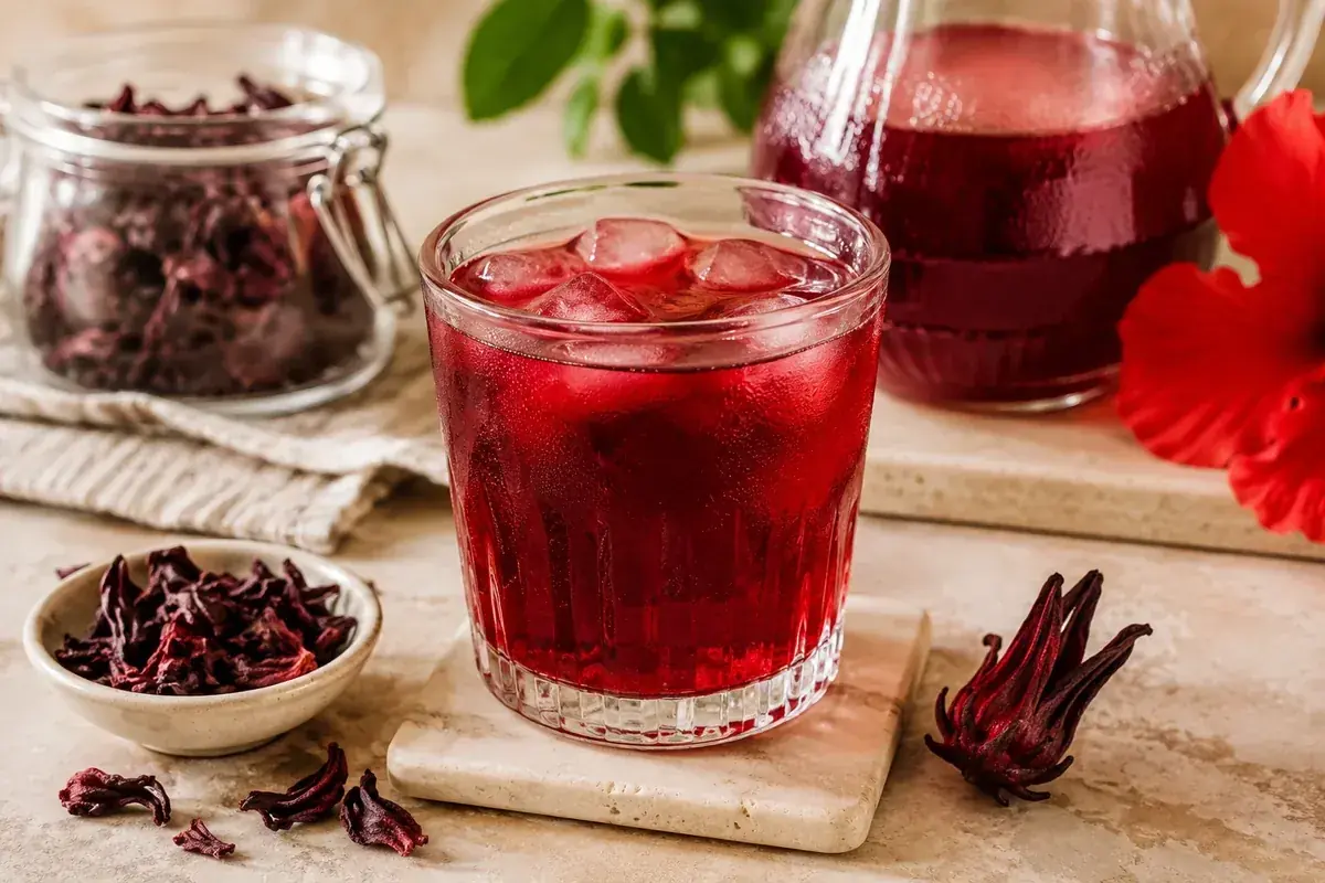 A ruby-red glass of traditional Egyptian Karkade served over ice with lemon slices, fresh mint, and dried hibiscus flowers.