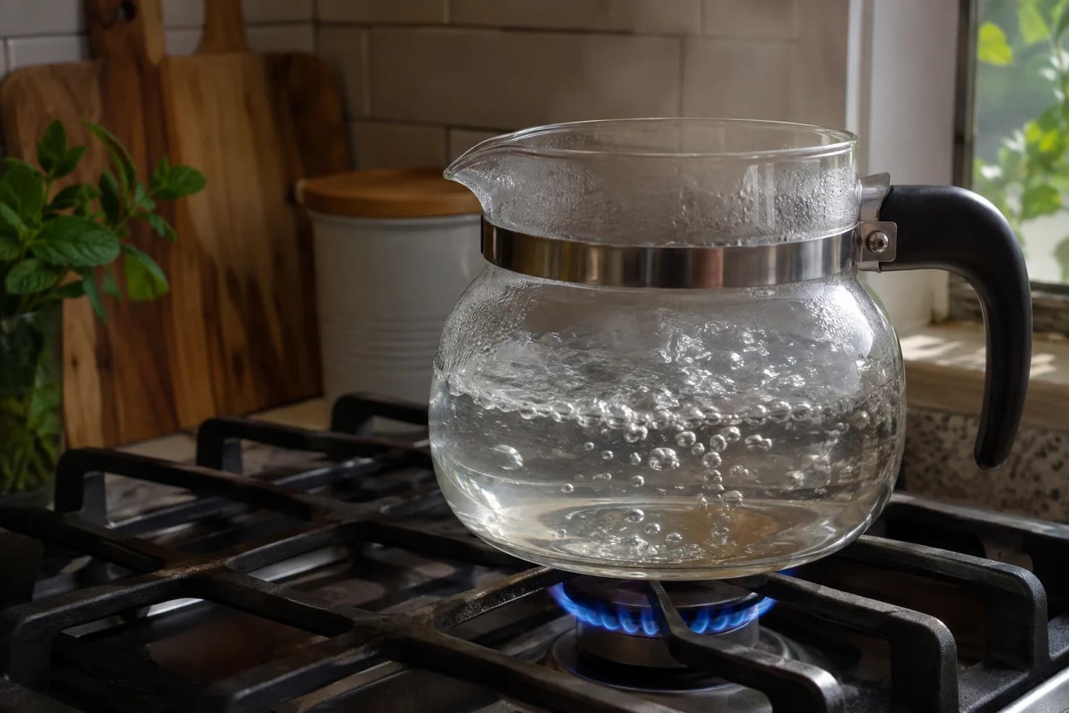 Fresh water being brought to a boil for traditional Lebanese mint tea.