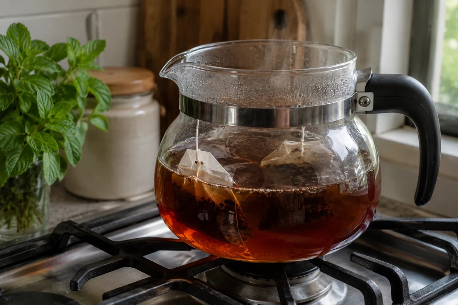 Black tea steeping in hot water for Lebanese Shai bil Nana.