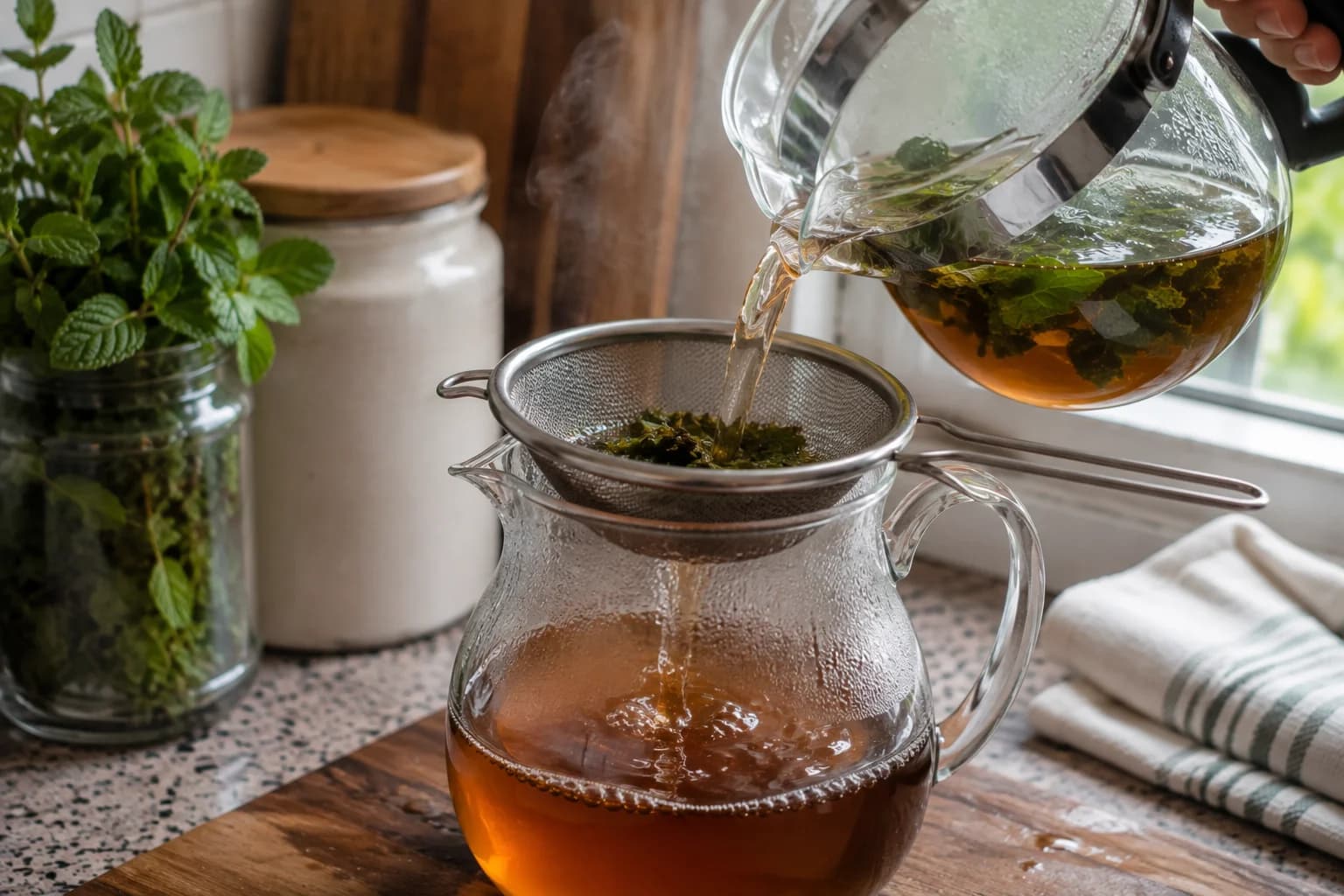 Fresh mint leaves being added to hot black tea for Lebanese mint tea.