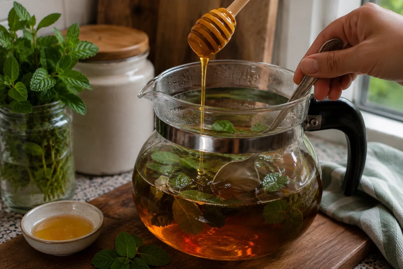 Lebanese mint tea being lightly sweetened with optional honey.