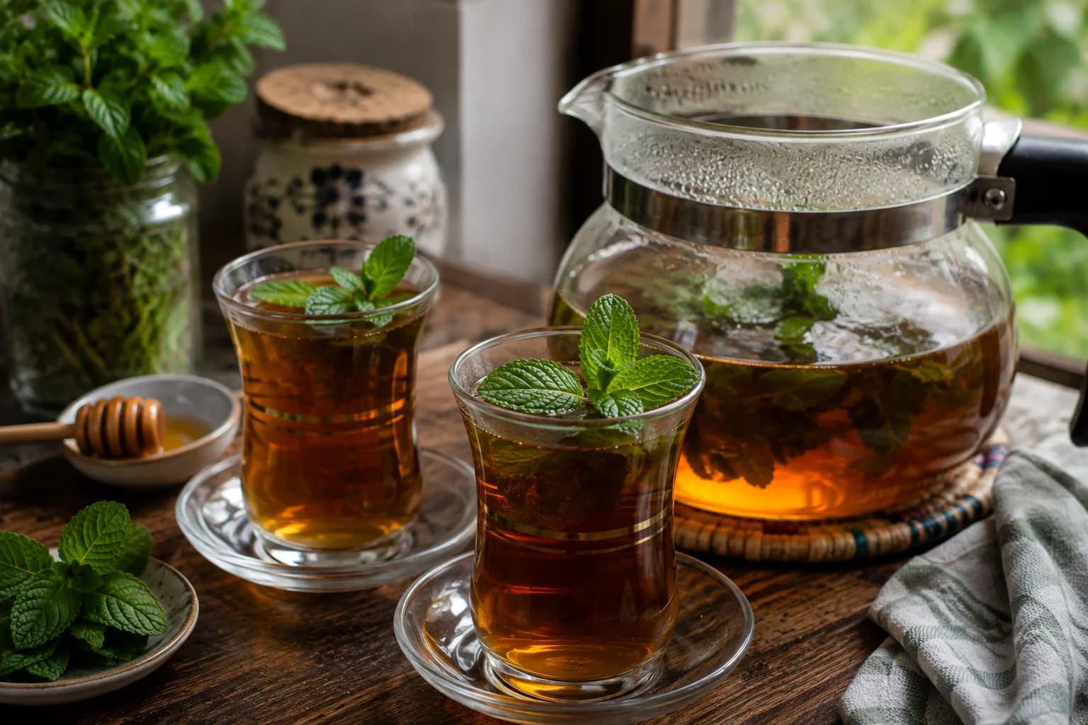Traditional Lebanese mint tea served hot with fresh mint garnish.