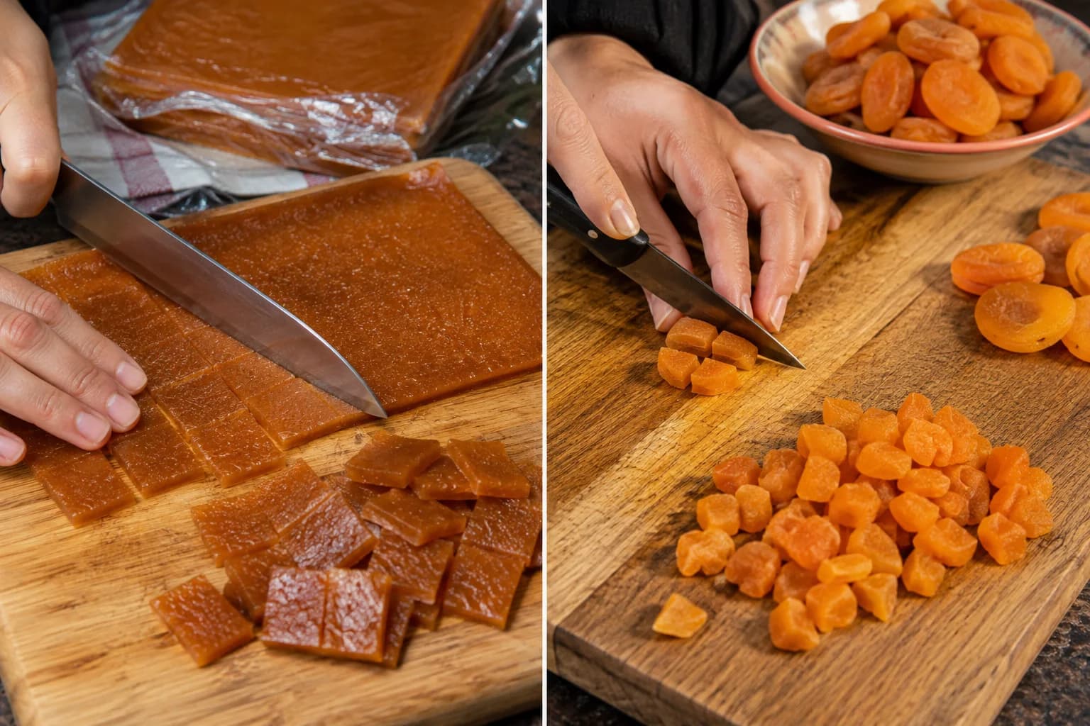 Dried Qamar al-Din apricot leather being cut into small pieces.