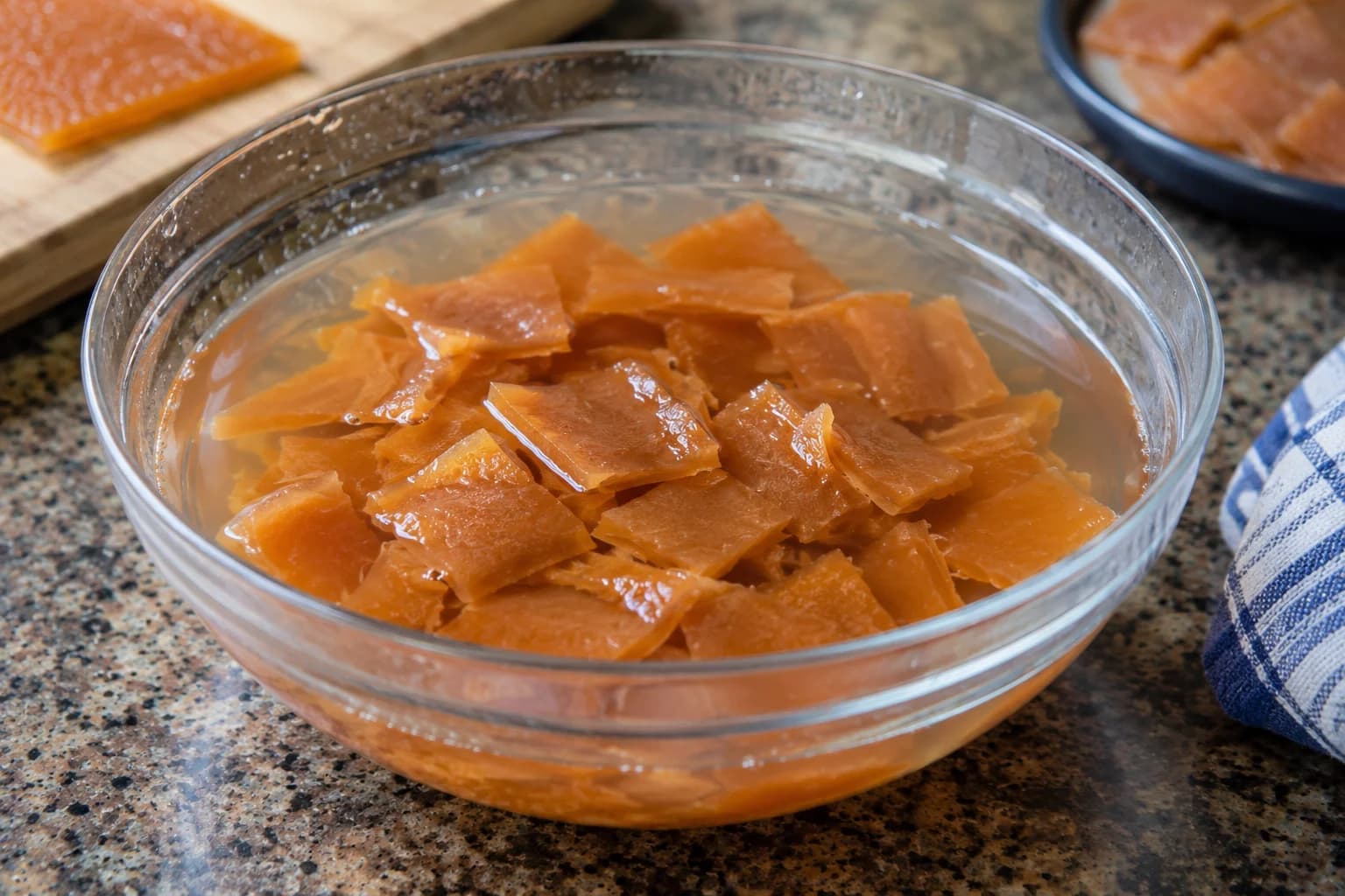 Pieces of Qamar al-Din apricot leather soaking in cold water.