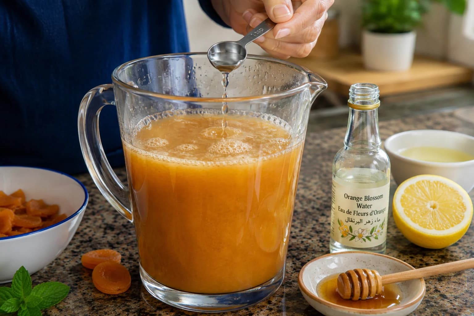 Orange blossom water and fresh lemon being added to blended Qamar al-Din.