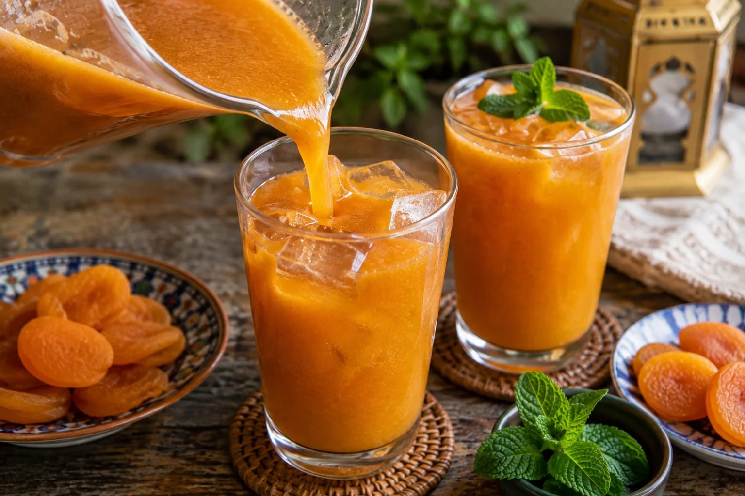 Traditional Egyptian Qamar al-Din served chilled over ice with mint and dried apricot.