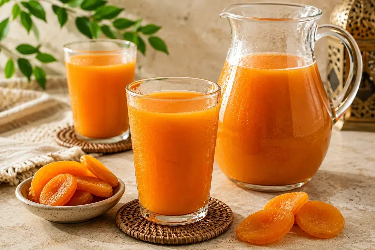 A chilled glass of traditional Egyptian Qamar al-Din apricot drink served over ice with fresh mint and dried apricot garnish.