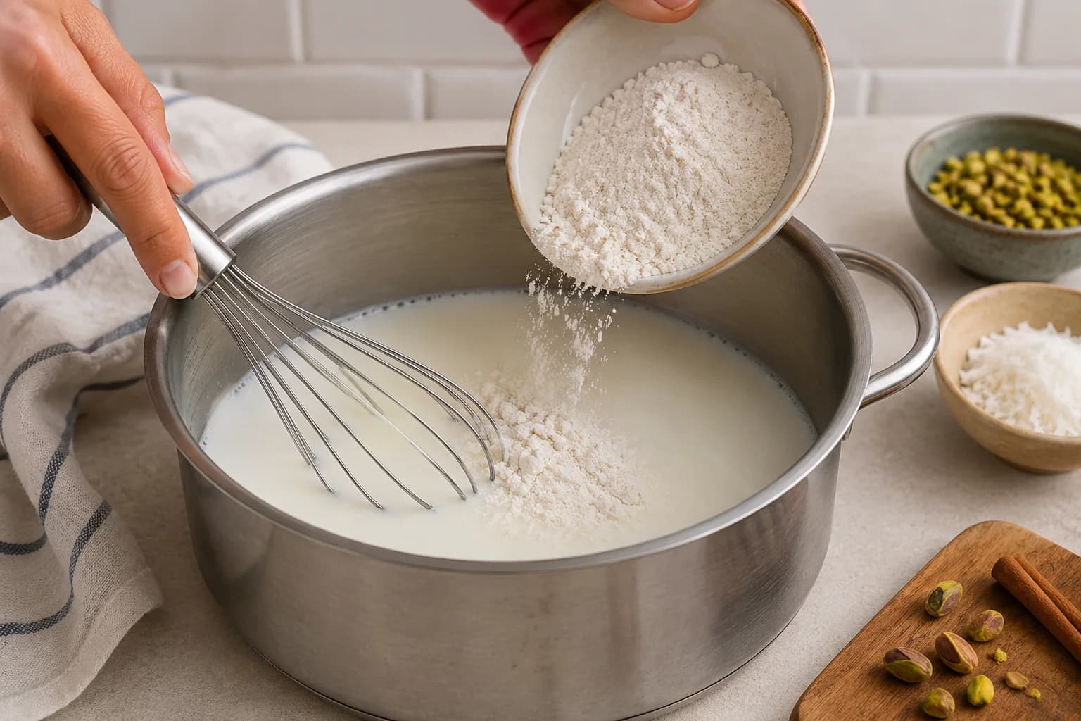 Cold milk and sahlab powder being whisked together in a saucepan before heating.