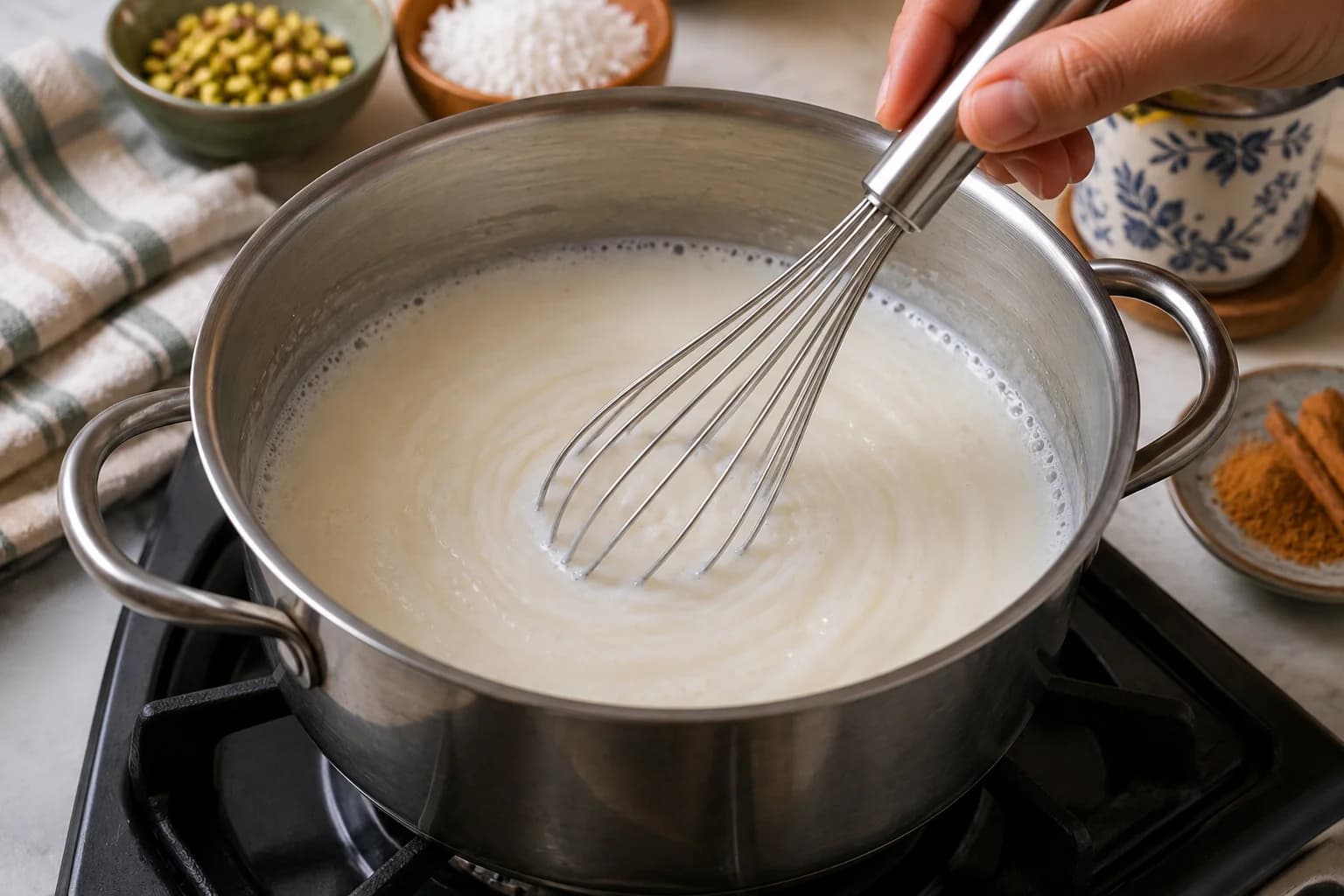 Sahlab mixture gently heating in a saucepan while being stirred with a whisk.