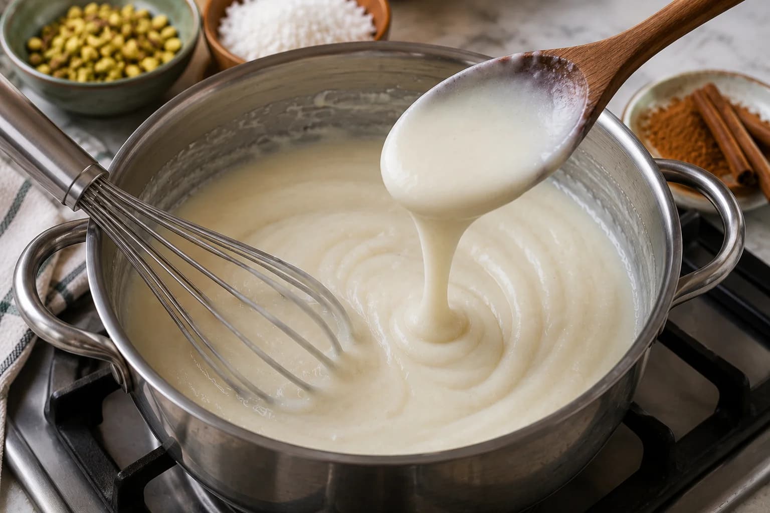 Thickened sahlab coating the back of a spoon and showing a smooth creamy consistency.