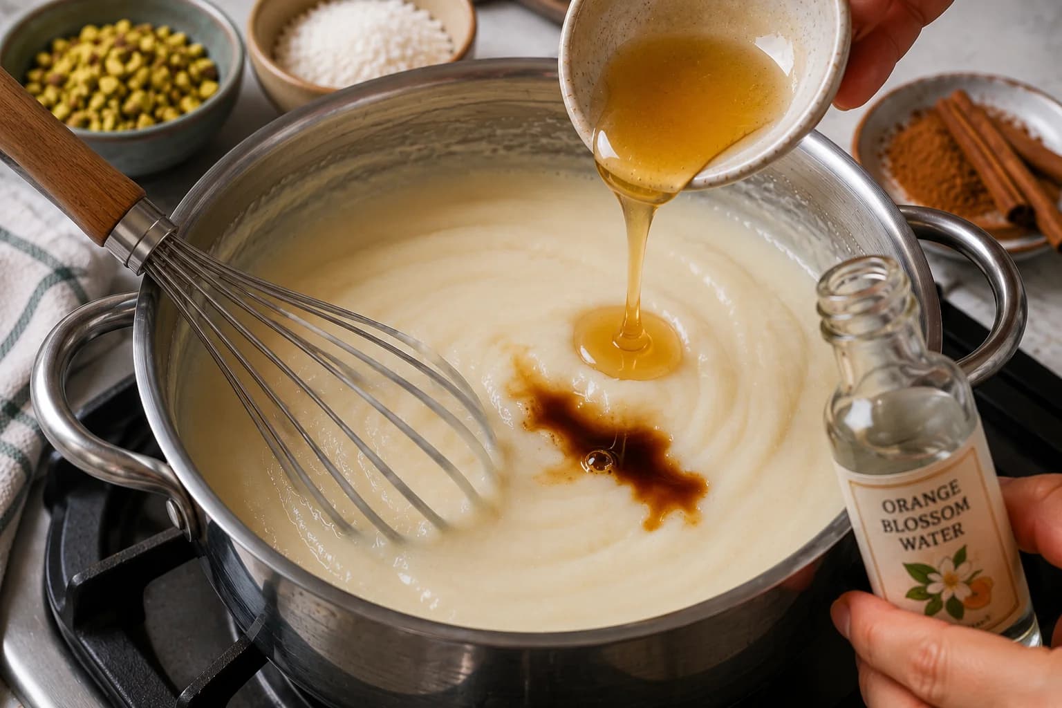 Honey, vanilla, and orange blossom water being added to freshly thickened sahlab.