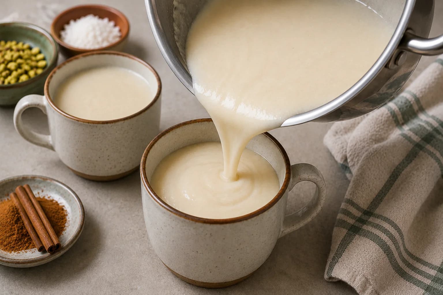 Hot creamy sahlab being poured into a heatproof serving mug.