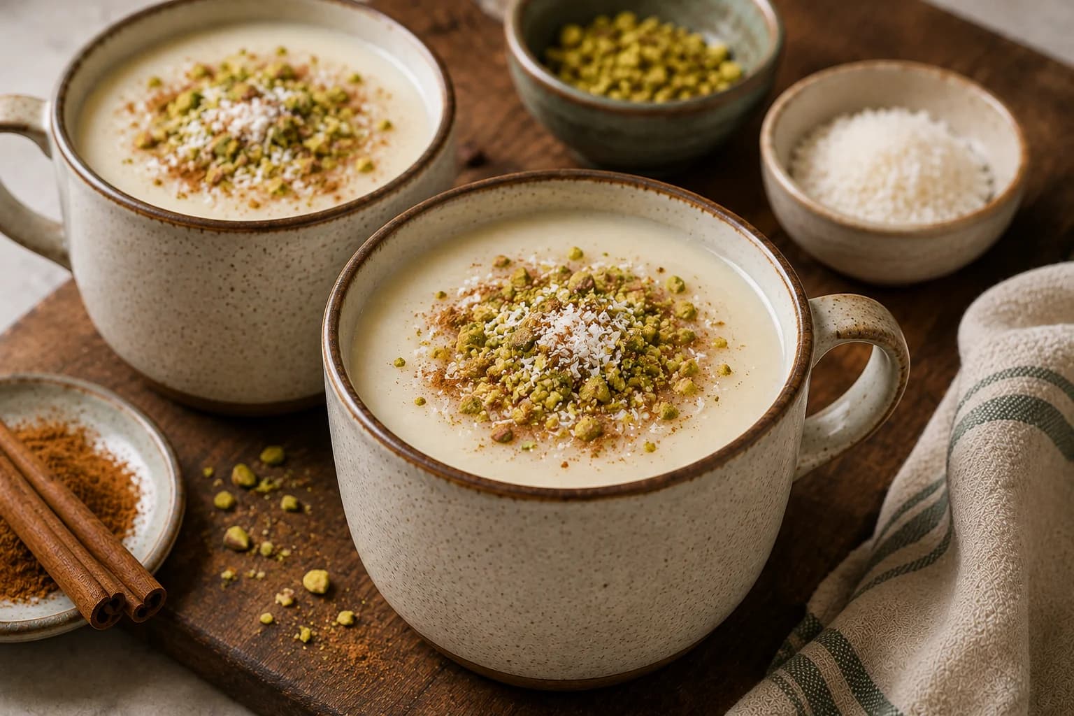 Finished hot sahlab topped with pistachios, coconut, and cinnamon.